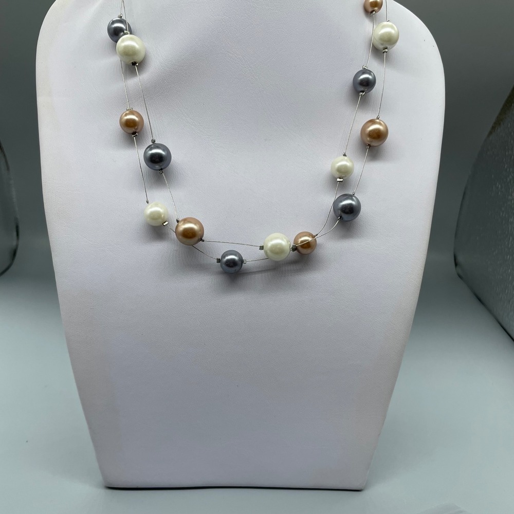 Multi Strand Floating Faux Pearl Illusion Necklace Grey Cream Champagne Silver